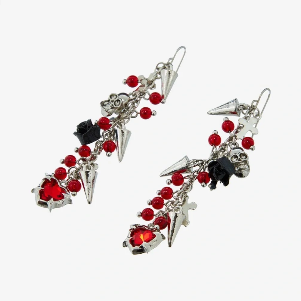 Heart Spike Black Rose Drop Earrings Hot Topic Halloween Horror‎ Gothic